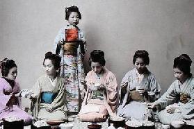 Young Japanese Girls Eating Noodles, c.1900 (hand coloured photo) 19th