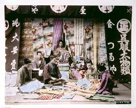 Japanese Silk and Fabric Shop, c.1900 (hand coloured photo) 20th