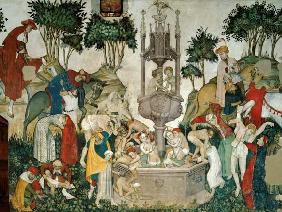 The Fountain of Life, detail of people arriving and bathing in the fountain 1418-30
