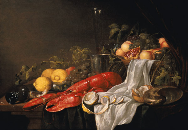 Still life of fruit and a lobster on a cloth-draped table von Jasper Geerards