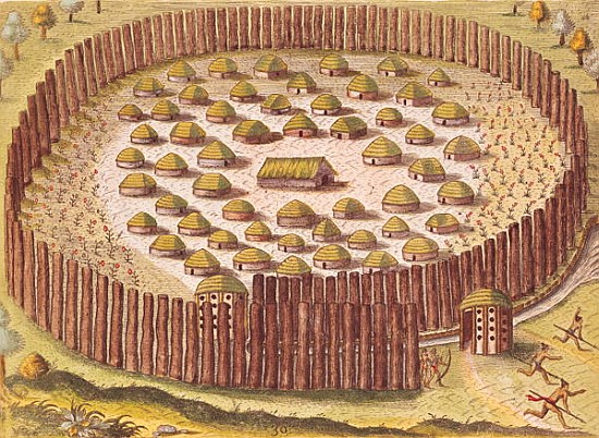 Fortified Indian Village, from ''Brevis Narratio...'', published by Theodore de Bry, 1591(detail of  von J.(de Morgues) Bry Th. (1528-98) after Le Moyne