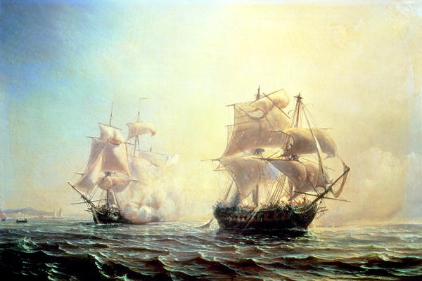 Combat between the frigate `L'Embuscade' and the `Boston' in the Port of New York in 1793 von Jean Antoine Theodore Gudin