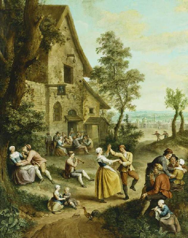 Bauern tanzen vor einer Taverne. von Jean-Antoine Watteau