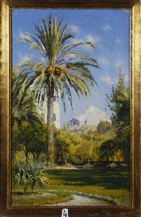 Die Gärten des königlichen Palastes in Athen mit Blick auf den Lykavittos Hügel 1893