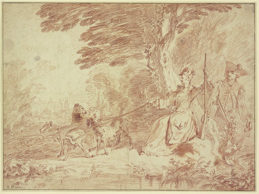 Jagdpartie, Jägerin und Jäger mit vier Hunden in einer Landschaft von Jean-Antoine Watteau