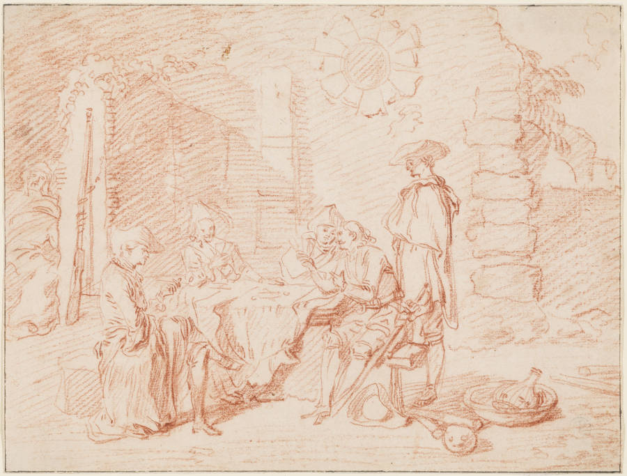 Karten spielende Soldaten vor einem Gemäuer von Jean-Antoine Watteau