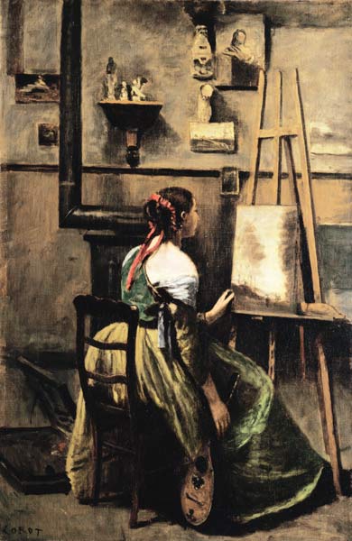 The Studio of Corot, or Young woman seated before an Easel, 1868-70 (oil on canvas) von Jean-Baptiste Camille Corot