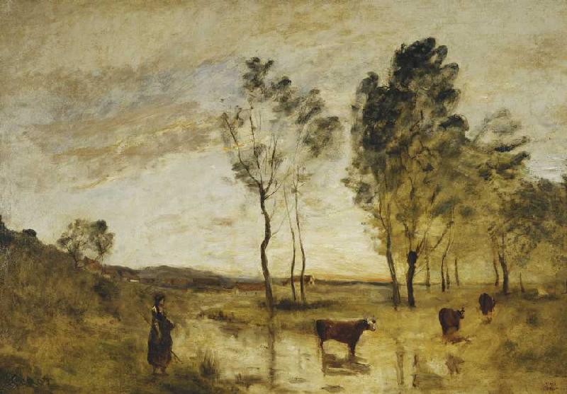 Die Furt, Kühe an einer Furt von Jean-Baptiste Camille Corot