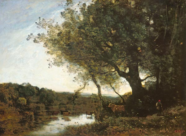 Herde in der Furt am Abend von Jean-Baptiste Camille Corot