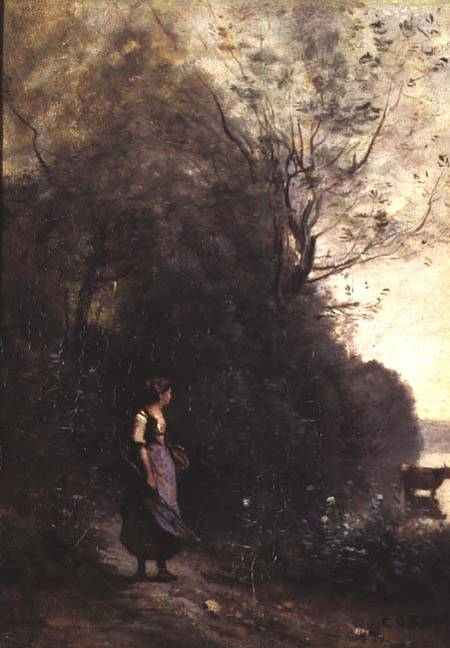 A Peasant Woman Grazing a Cow at the Edge of a Forest von Jean-Baptiste Camille Corot