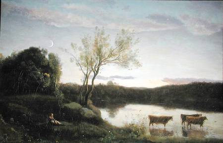 A Pond with three Cows and a Crescent Moon von Jean-Baptiste Camille Corot