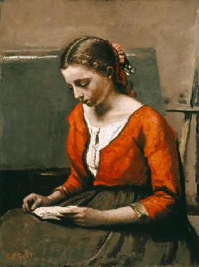 Junge lesende Frau in roter Bluse 1845/1850