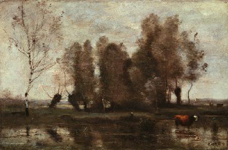 Baumgruppe an einem Fluss-Ufer 1855/1860