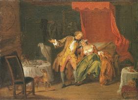 Madame Bouvillon bittet Destin ihr einen Floh zu suchen , um ihn in Versuchung zu führen 1733