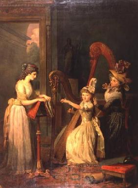 Harp lesson given by Madame de Genlis to Mademoiselle d'Orleans with Mademoiselle Pamela Turning the c.1842