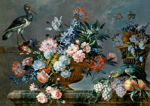 A Still Life of Fruit and Flowers with Birds von Jean Baptiste Monnoyer