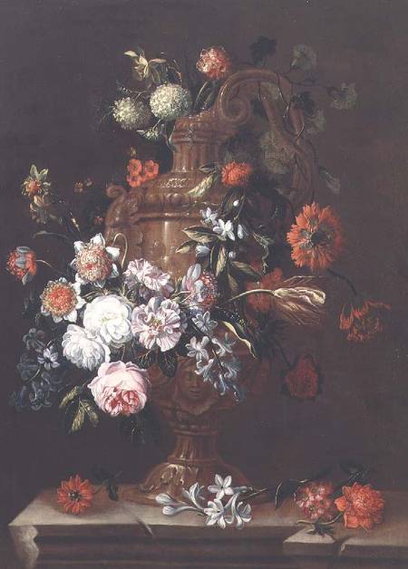 Still Life with Roses, Tulips and other Flowers in an Urn on a Stone Ledge von Jean Baptiste Monnoyer