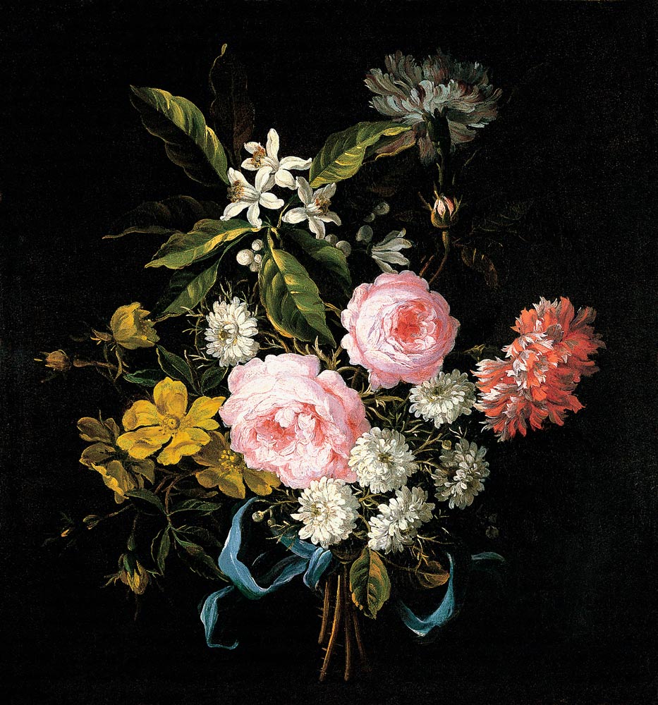 Blumenstrauß aus Kamille, Rosen, Orangenblüten und Nelken, mit einem blauen Band gebunden von Jean-Baptiste Monnoyer