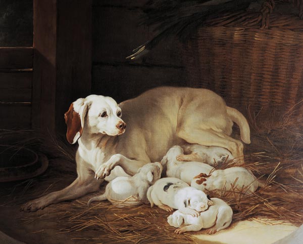 Jadghündin, die ihr Jungen säugt (Ausschnitt aus Lise und ihre Kleinen) von Jean Baptiste Oudry