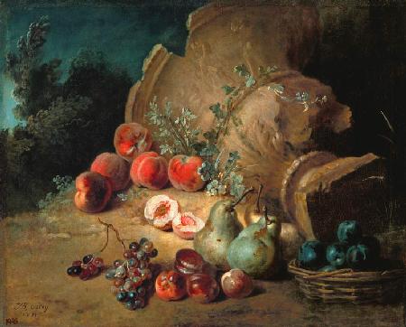 Obststillleben neben einer gestürzten Steingutvase 1721
