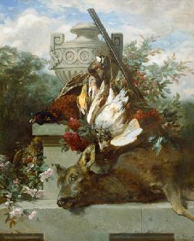 Jagdstilleben mit Vögeln, Reh und Blumen 1852