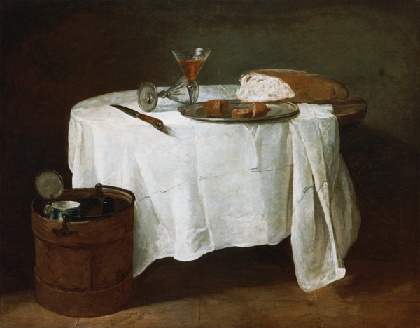 Brot, Wurst und zwei Weingläser auf einem runden Tisch. von Jean-Baptiste Siméon Chardin