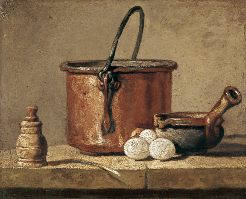 Stilleben mit einer Pfanne, Pfeffertopf, Lauch und drei Eiern von Jean-Baptiste Siméon Chardin