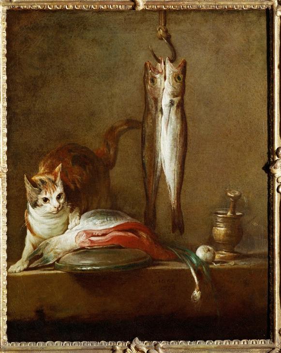 Chat avec tranche de saumon, deux maquereaux, mortier et pi von Jean-Baptiste Siméon Chardin