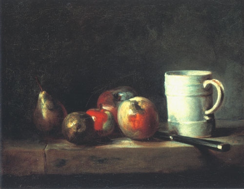 Stilleben mit einer Tasse, Birne, vier Äpfeln und einem Messer von Jean-Baptiste Siméon Chardin