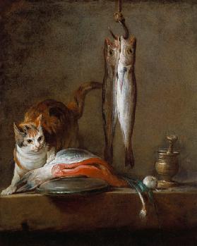 Stillleben mit Katze und Fische 1728
