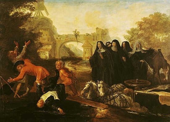 The Abbess of Etival Returning to Le Mans with Four Nuns, from ''Roman Comique'' Paul Scarron (1610- von Jean de Coulom