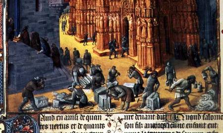 Fr 847 f.153 The Building of the Temple of Jerusalem, detail showing masons at work von Jean Fouquet