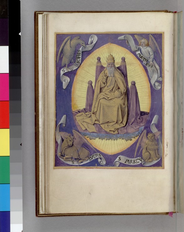 Gottvater mit den Symbolen der vier Evangelisten (Das Stundenbuch) von Jean Fouquet