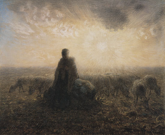 Schäferin und Herde an Sonnenuntergang von Jean-François Millet