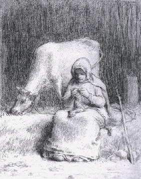 Bäuerliches Mädchen, das ihre Kuh beobachtet 1852