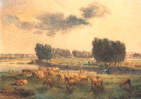 Landschaft mit Schafen 1855-56