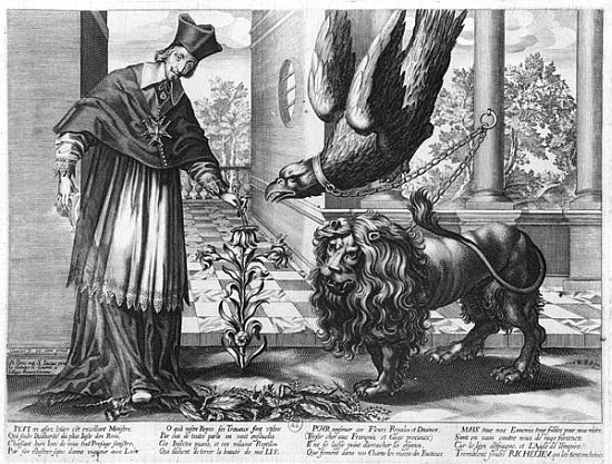 Allegory in praise of Cardinal Richelieu (1585-1642) fighting against Austria (the eagle) Spain (the von Jean Ganiere or Gagniere
