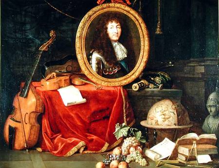 Still life with portrait of King Louis XIV (1638-1715) surrounded by musical instruments, flowers an von Jean Garnier