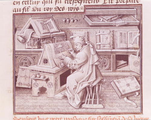 Ms 9198 f.19 The copyist Jean Mielot (fl.1448-68) working in his scriptorium, from ' Life and Miracl von Jean I Le Tavernier
