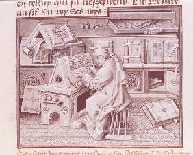 Ms 9198 f.19 The copyist Jean Mielot (fl.1448-68) working in his scriptorium, from ' Life and Miracl 16th