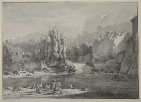 Flußlandschaft mit hohen Bergen, im Vordergrund zwei Maler mit Zuschauern