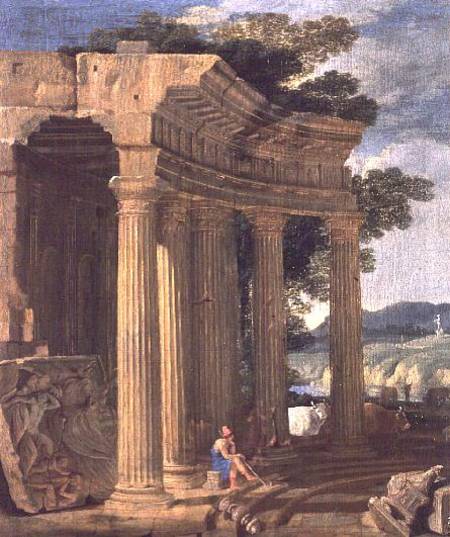 Landscape with ruins and a shepherd von Jean Lemaire