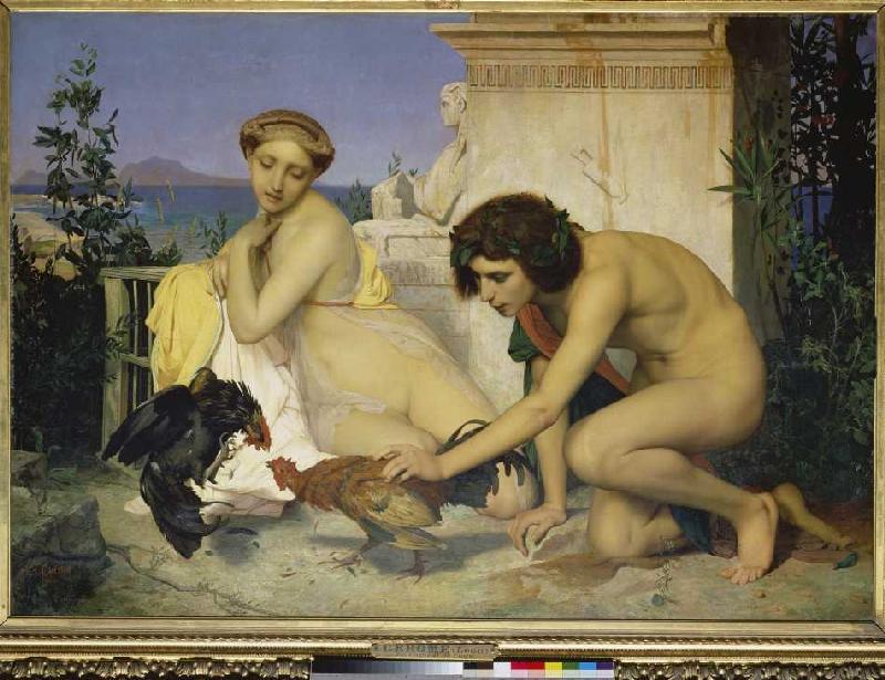 Junges griechisches Paar und kämpfende Hähne von Jean-Léon Gérome
