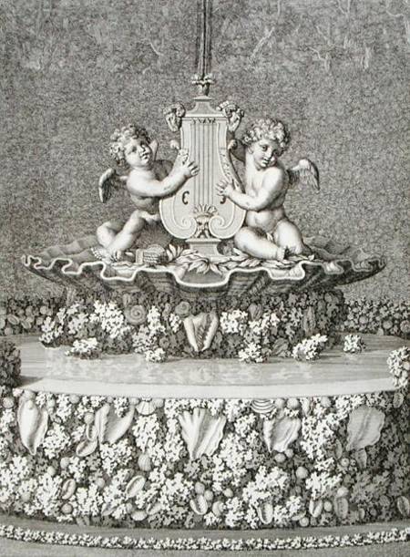 Two Cupids holding a lyre, a fountain at Versailles, 1677, from 'Les Plans, Profils et Elevations de von Jean Lepautre