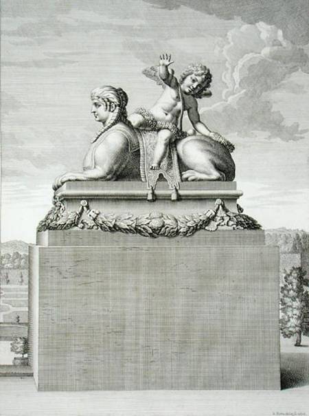 Figure of a sphinx in white marble, carrying a bronze Cupid, at Versailles, 1676, from 'Vues et Plan von Jean Lepautre