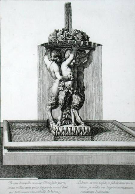 Three small satyrs holding a bowl of flowers, a fountain probably at Versailles, 1673, from 'Les Pla von Jean Lepautre