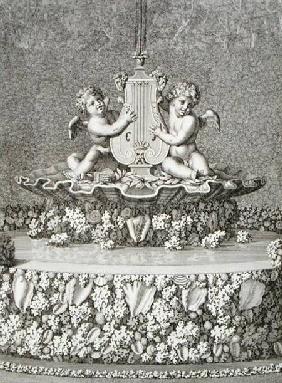 Two Cupids holding a lyre, a fountain at Versailles, 1677, from 'Les Plans, Profils et Elevations de published