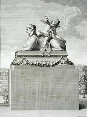 Figure of a sphinx in white marble, carrying a bronze Cupid, at Versailles, 1676, from 'Vues et Plan published