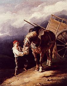 Stallbursche einem Pferd Hafer gebend. von Jean Louis Théodore Géricault