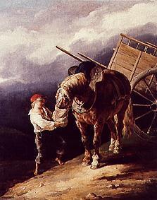 Stallbursche einem Pferd Hafer gebend. 1821-1824